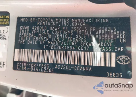 2005 Toyota Camry Le z USA, uszkodzony, nr VIN 4T1BE30K45U410017